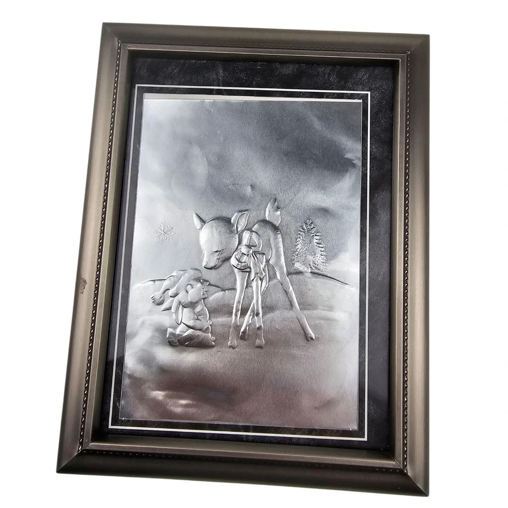 Fetco‎ Home Decor Framed Embossed Metal Art Deer Fawn Winter Scene